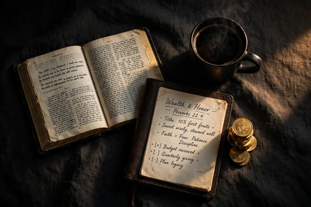 Still life with an open Bible, a journal, gold coins, and a cup of coffee
